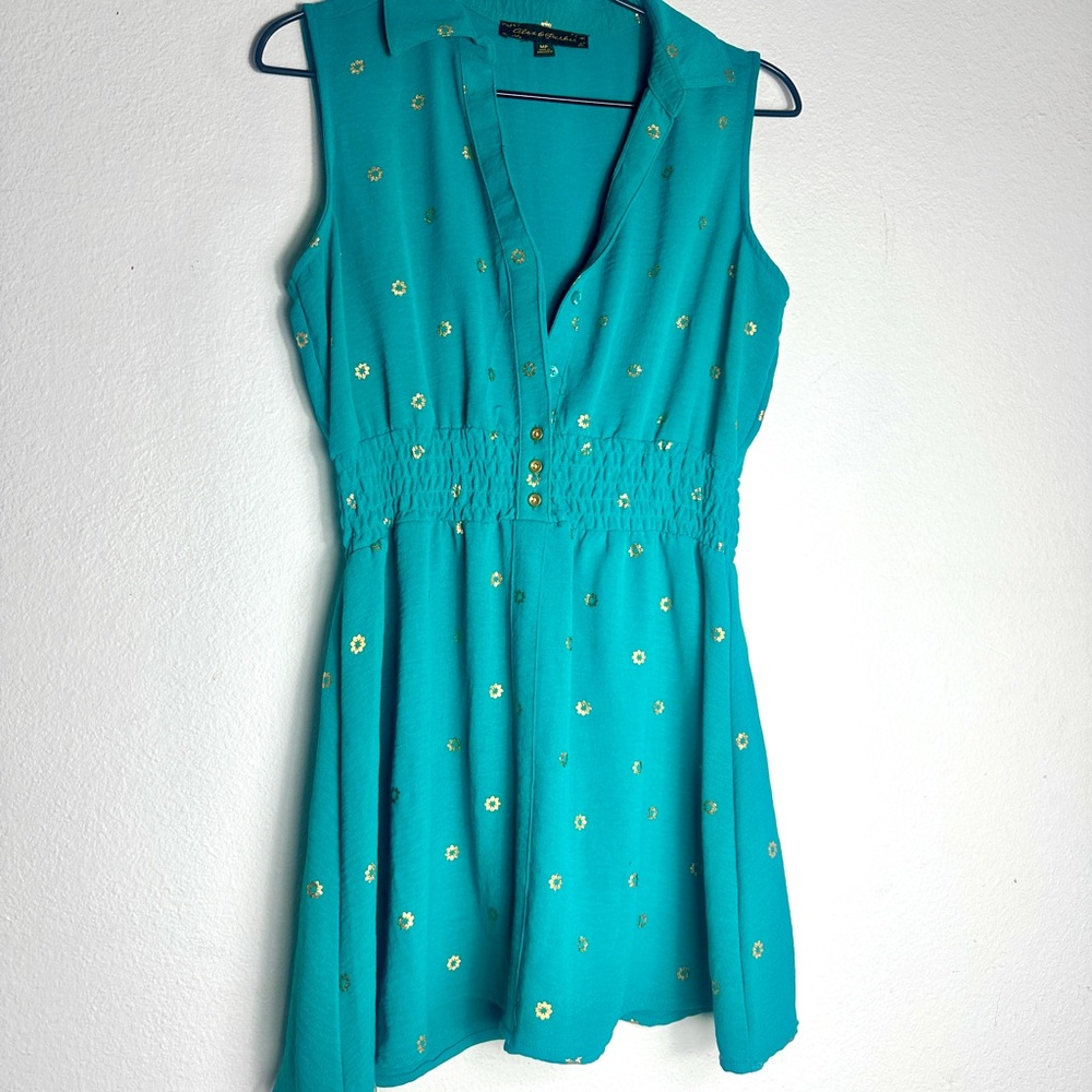 Alex & Parker Teal Sleeveless Dress with Gold Accents. Medium. Bollywood